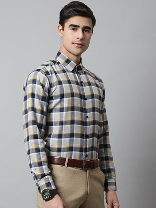 Men Navy Blue and  Grey Checks Regular Fit Cotton Formal Shirt