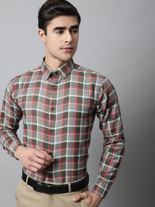 Men Olive and Red Checks Regular Fit Cotton Formal Shirt