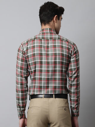 Men Olive and Red Checks Regular Fit Cotton Formal Shirt