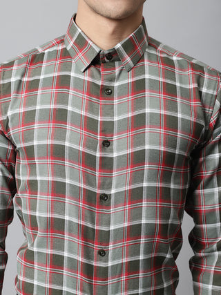 Men Olive and Red Checks Regular Fit Cotton Formal Shirt