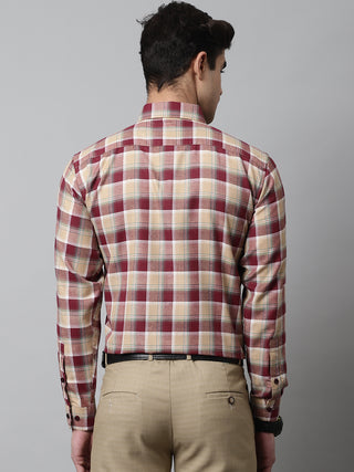 Men Red and Beige Checks Regular Fit Cotton Formal Shirt