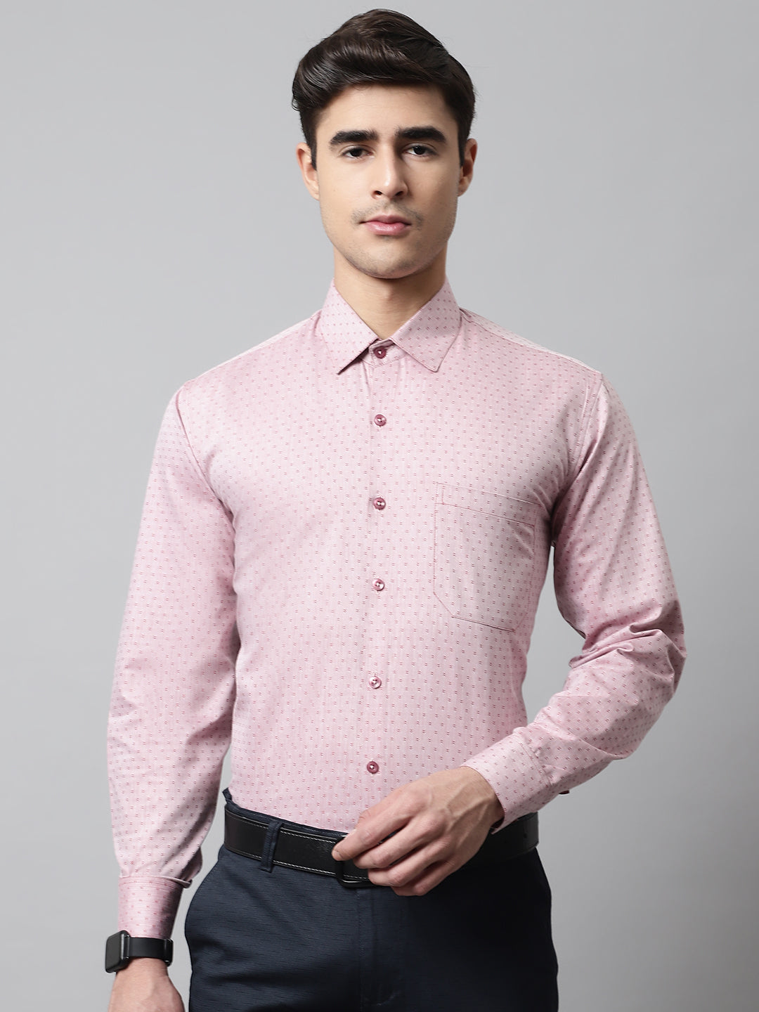 Men Coral Red Micro Ditsy Printed Pure Cotton Formal Shirt
