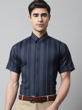 Men Navy Blue Classic Printed Formal Shirt