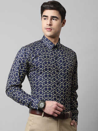 Men Navy Blue Classic Printed Formal Shirt