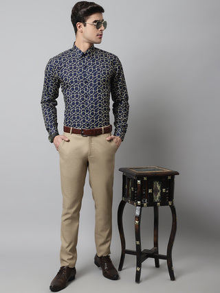 Men Navy Blue Classic Printed Formal Shirt