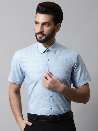 Men Blue Woven Design Short Sleeves Formal Shirt