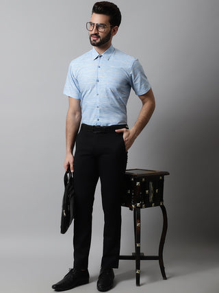 Men Blue Woven Design Short Sleeves Formal Shirt