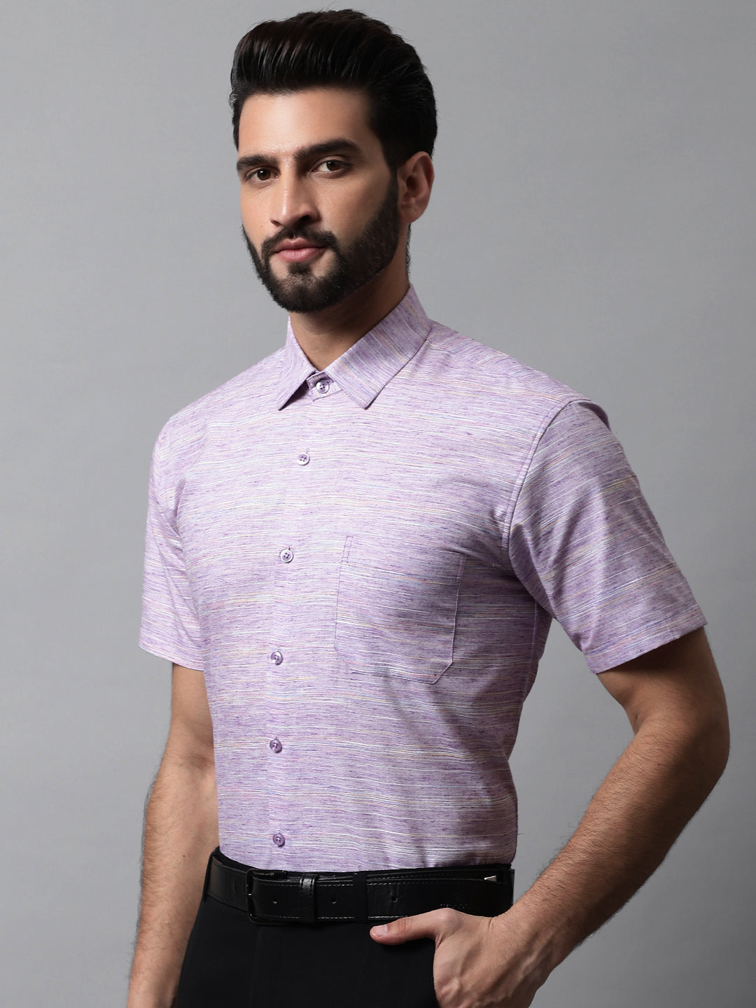Men Purple Woven Design Short Sleeves Formal Shirt