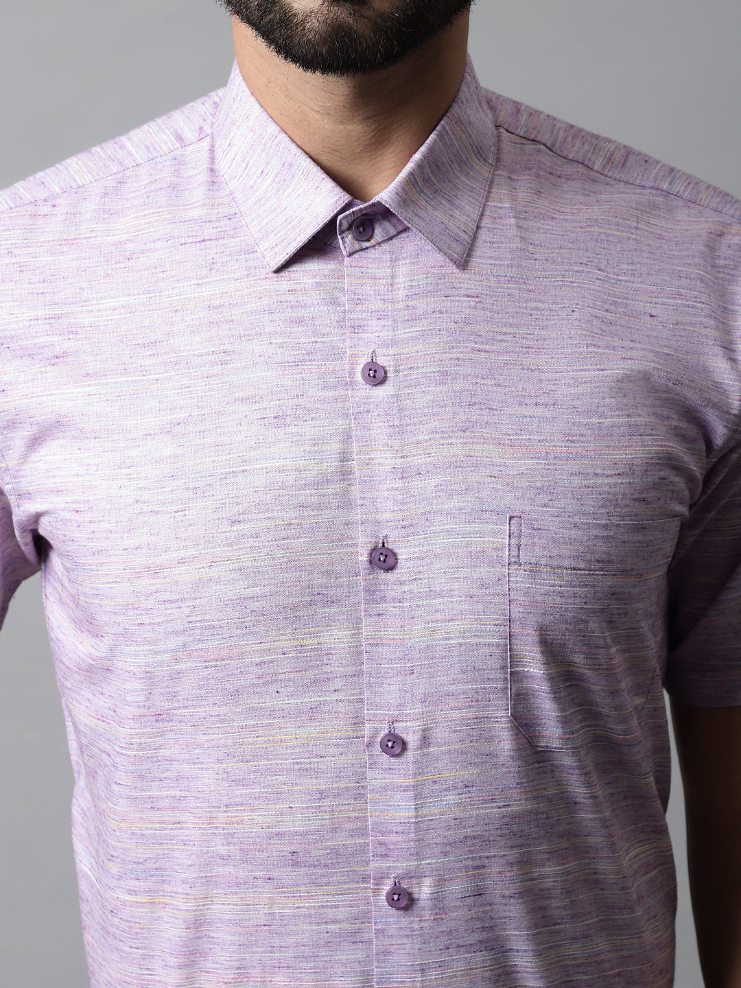 Men Purple Woven Design Short Sleeves Formal Shirt