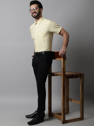 Men Yellow Woven Design Short Sleeves Formal Shirt