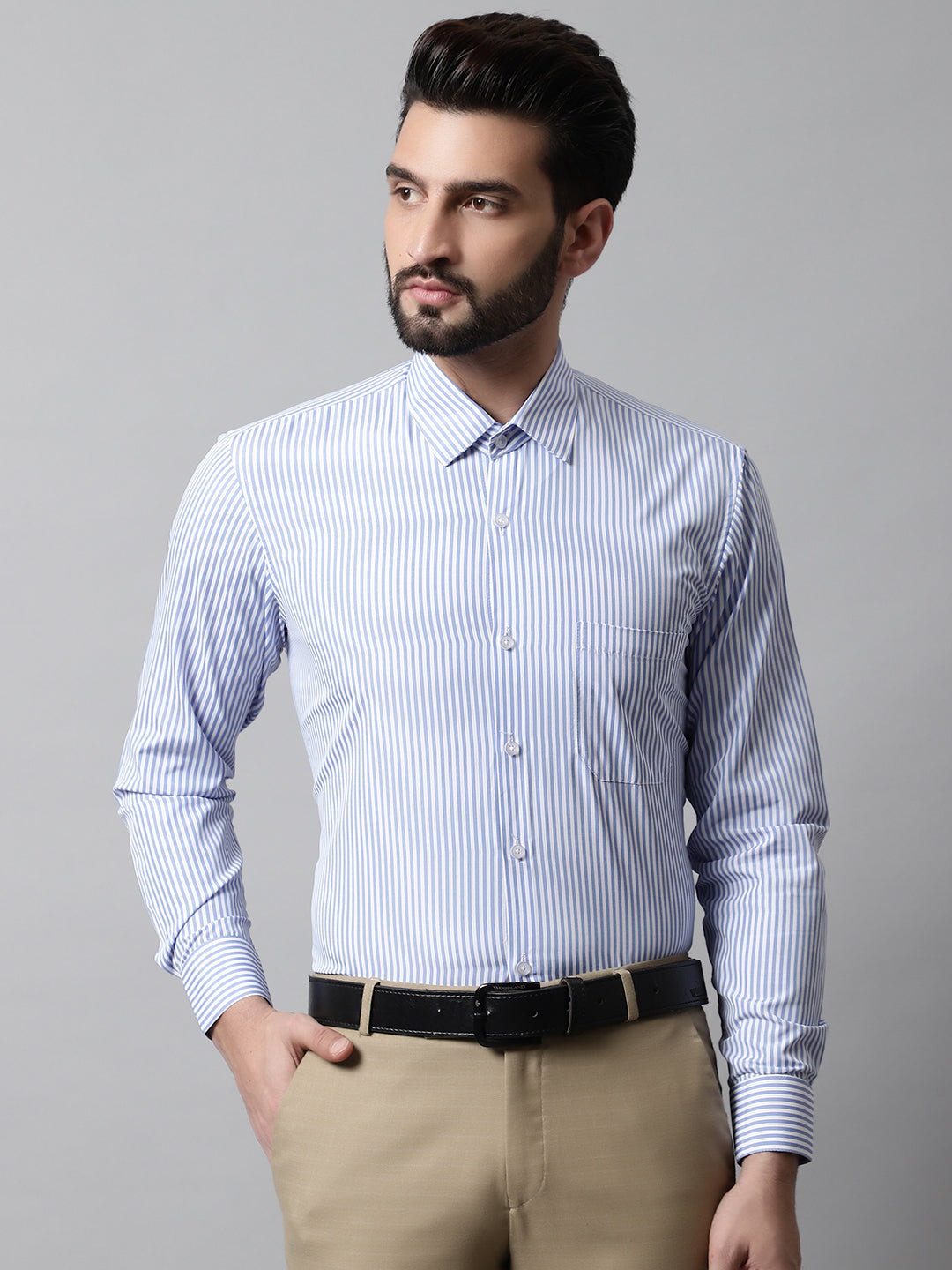 Men Blue & White Regular Fit Striped Formal Shirt