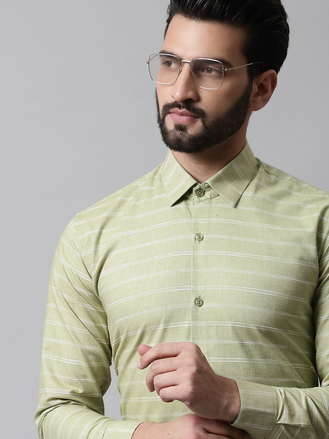 Men Pista Green Classic Striped Formal Cotton Shirt