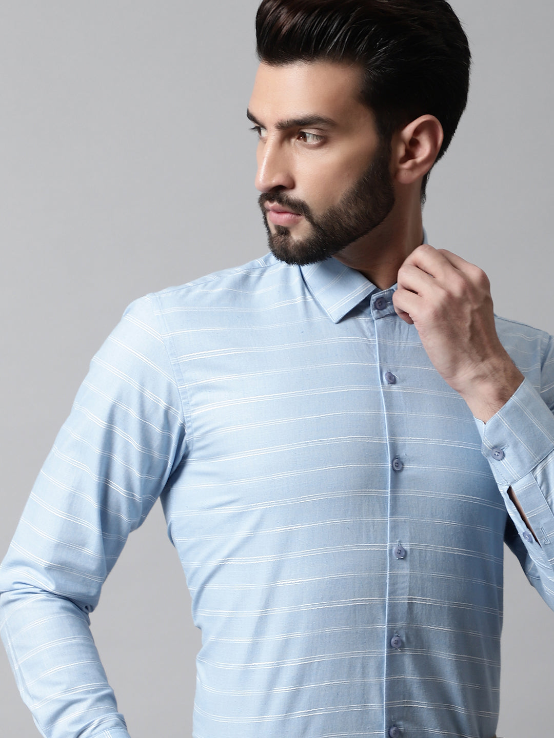 Men Sky Blue Classic Striped Formal Cotton Shirt
