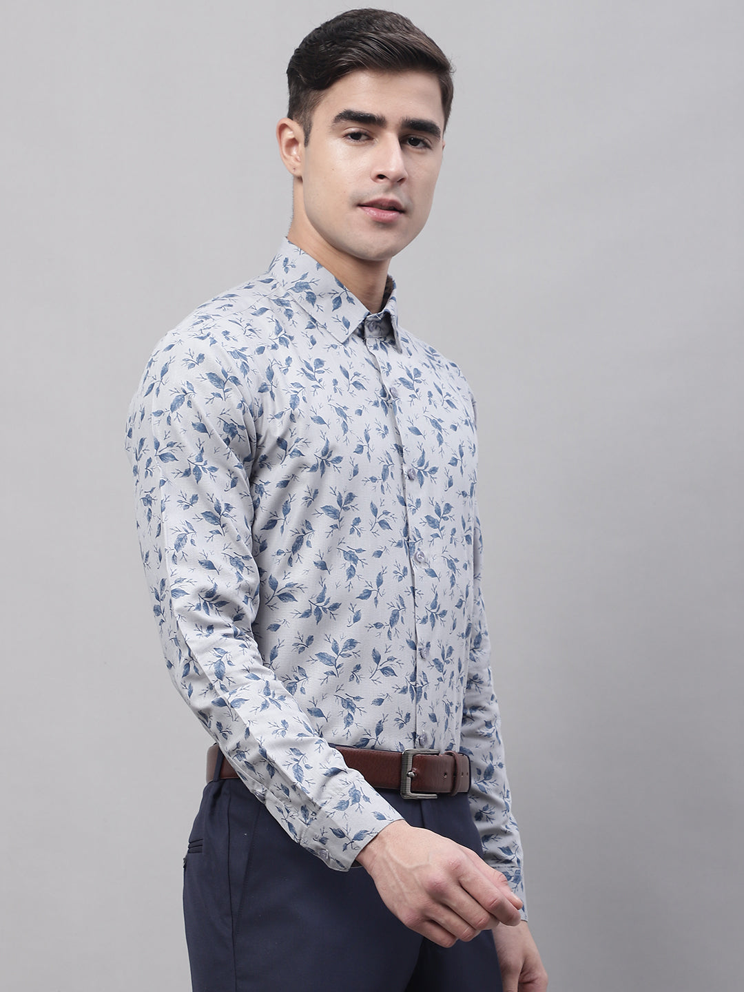 Men Grey Regular Fit Printed Pure Cotton Formal Shirt