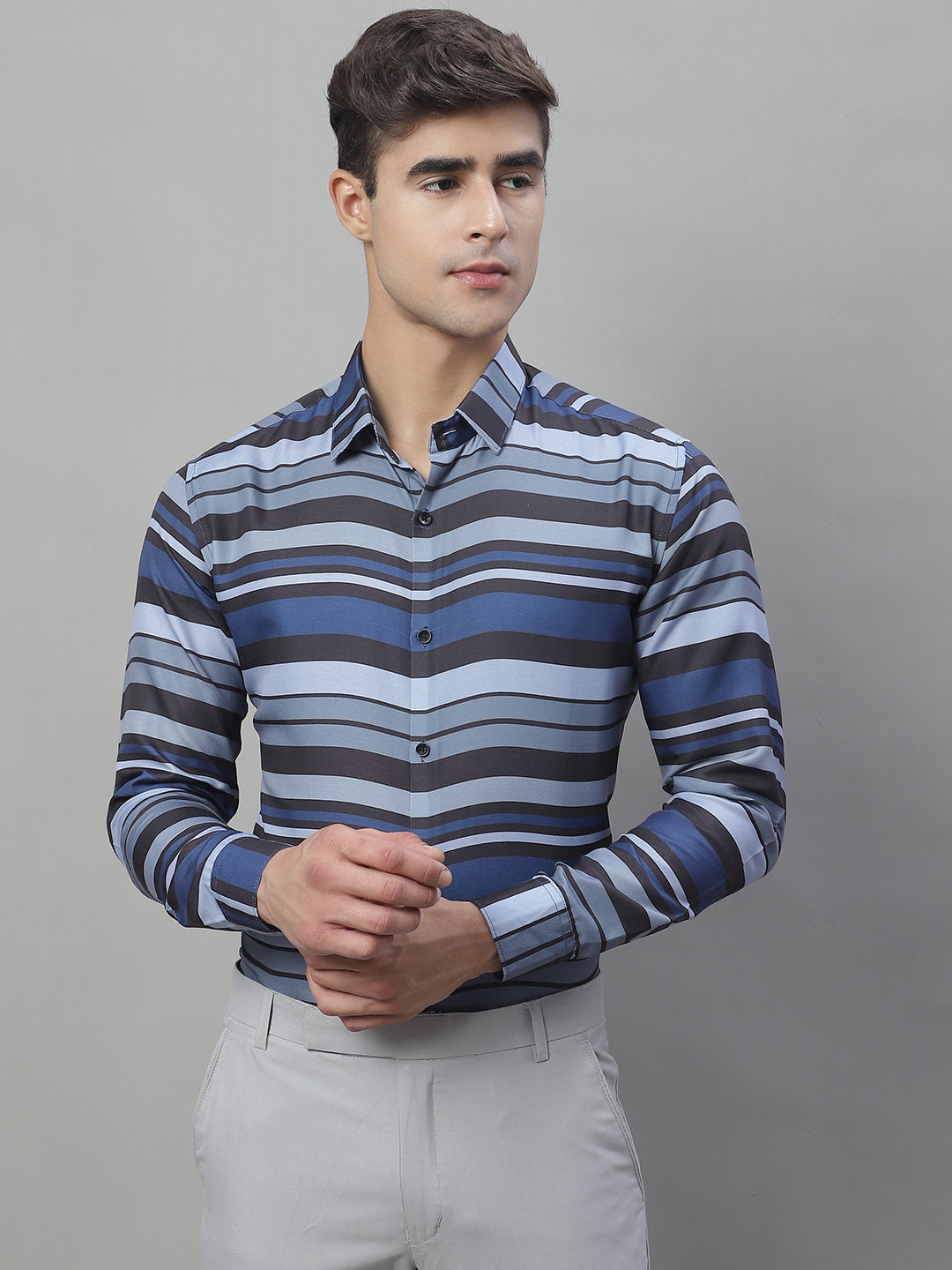 Men Grey Classic Striped Formal Shirt