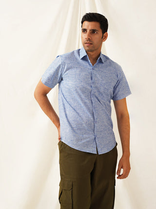 Indian Needle Blue Men's Solid Cotton Half Sleeves Formal Shirt