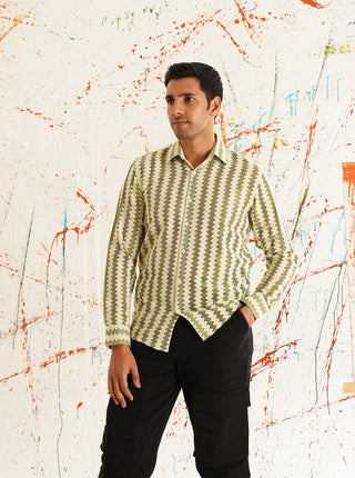 Woven Design Green Cotton Shirt for Men