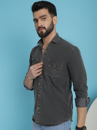 Faded Cotton Denim Casual Shirt