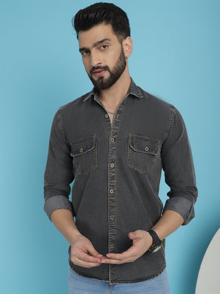 Faded Cotton Denim Casual Shirt