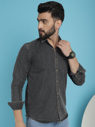 Faded Cotton Denim Casual Shirt for Men