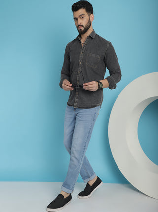 Faded Cotton Denim Casual Shirt for Men