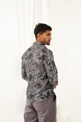 Grey Printed Spread Collar Cotton Curved Casual Shirt