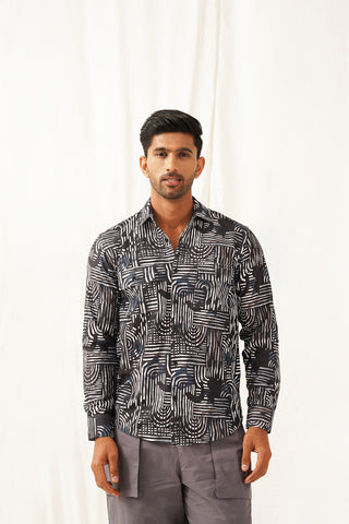 Grey Printed Spread Collar Cotton Curved Casual Shirt