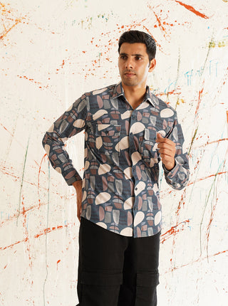 Printed Grey Spread Collar Cotton Curved Casual Shirt