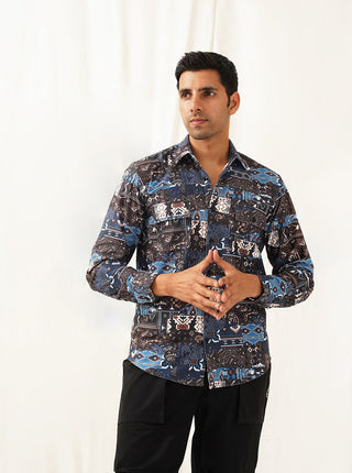 Navy Blue Printed Spread Collar Cotton Curved Casual Shirt