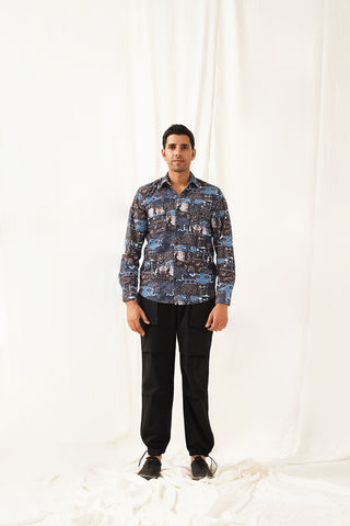 Navy Blue Printed Spread Collar Cotton Curved Casual Shirt