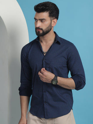 Navy Blue Geometric Printed Cotton Casual Shirt