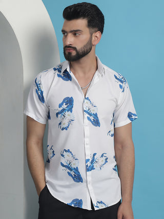 Blue Floral Printed Cotton Casual Shirt