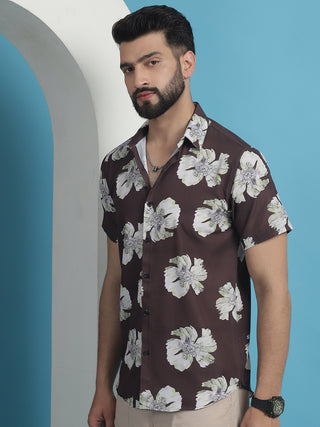Brown Floral Printed Cotton Casual Shirt