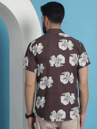 Brown Floral Printed Cotton Casual Shirt