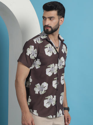 Brown Floral Printed Cotton Casual Shirt