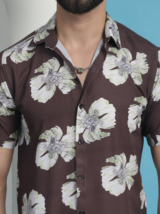 Brown Floral Printed Cotton Casual Shirt