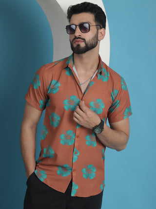 Rust Floral Printed Cotton Casual Shirt