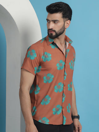 Rust Floral Printed Cotton Casual Shirt