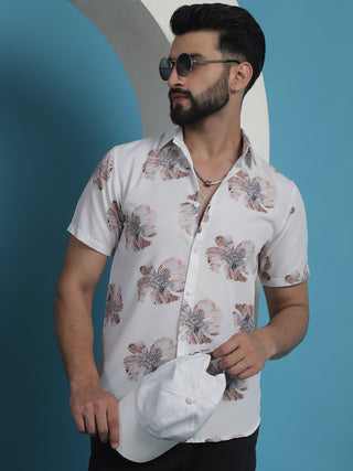 White Floral Printed Cotton Casual Shirt