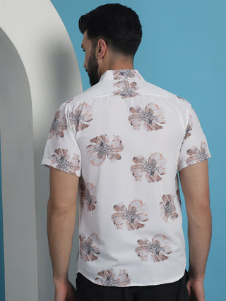 White Floral Printed Cotton Casual Shirt