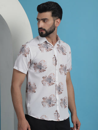 White Floral Printed Cotton Casual Shirt