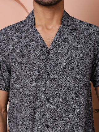 Black Paisley Printed Cotton Casual Shirt