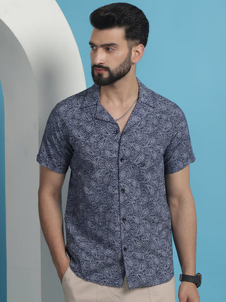 Navy Blue Paisley Printed Cotton Casual Shirt