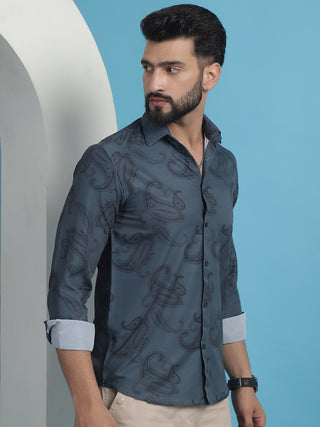 Grey Floral Printed Cotton Casual Shirt