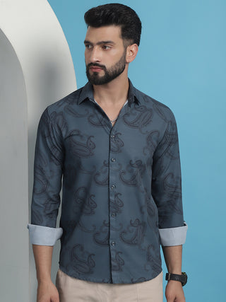 Grey Floral Printed Cotton Casual Shirt