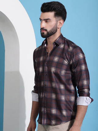 Coffee Brown Checked Cotton Casual Shirt for Men