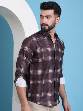 Coffee Brown Checked Cotton Casual Shirt for Men