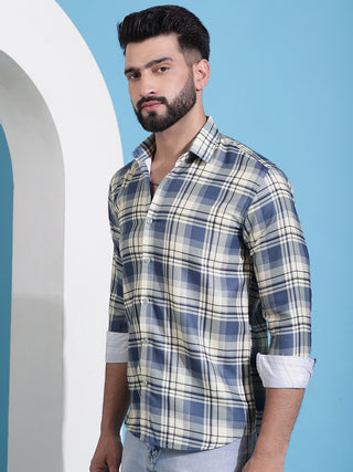 Cream Checked Cotton Casual Shirt for Men