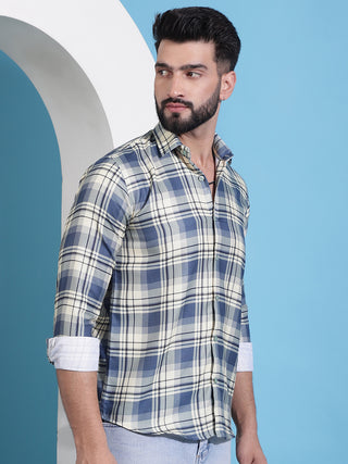 Cream Checked Cotton Casual Shirt for Men