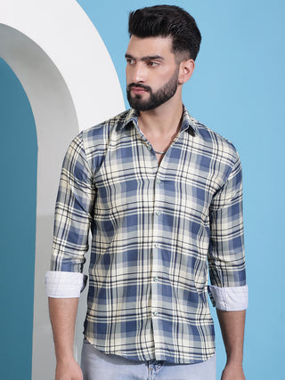 Cream Checked Cotton Casual Shirt for Men